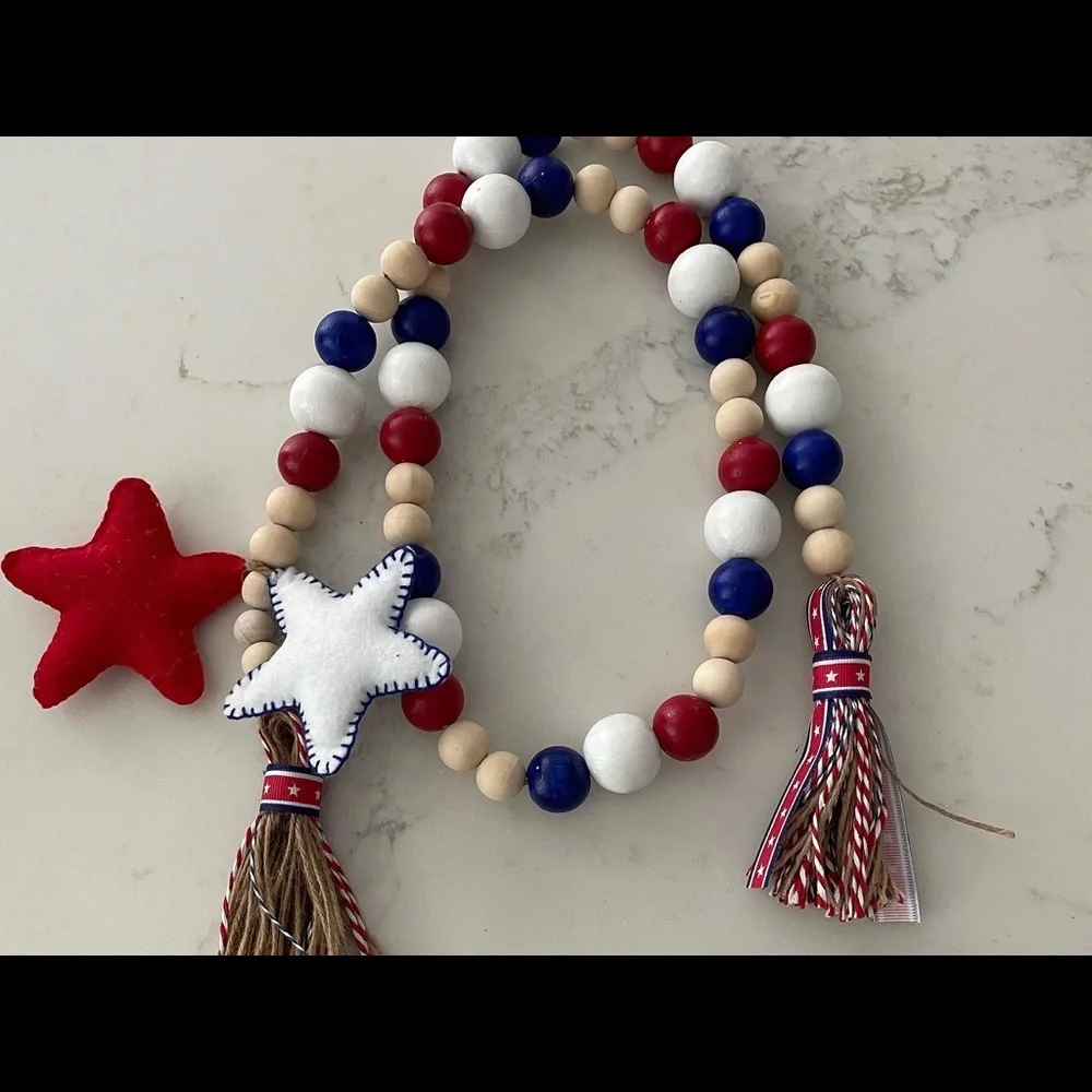 Wooden bead garland. Patriotic theme.